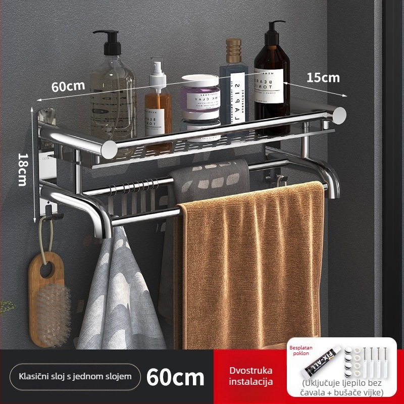 Držač ručnika od 304 nerđajućeg čelika, bez bušenja, 2 sloja, kupaonica, nosivost 60 kg