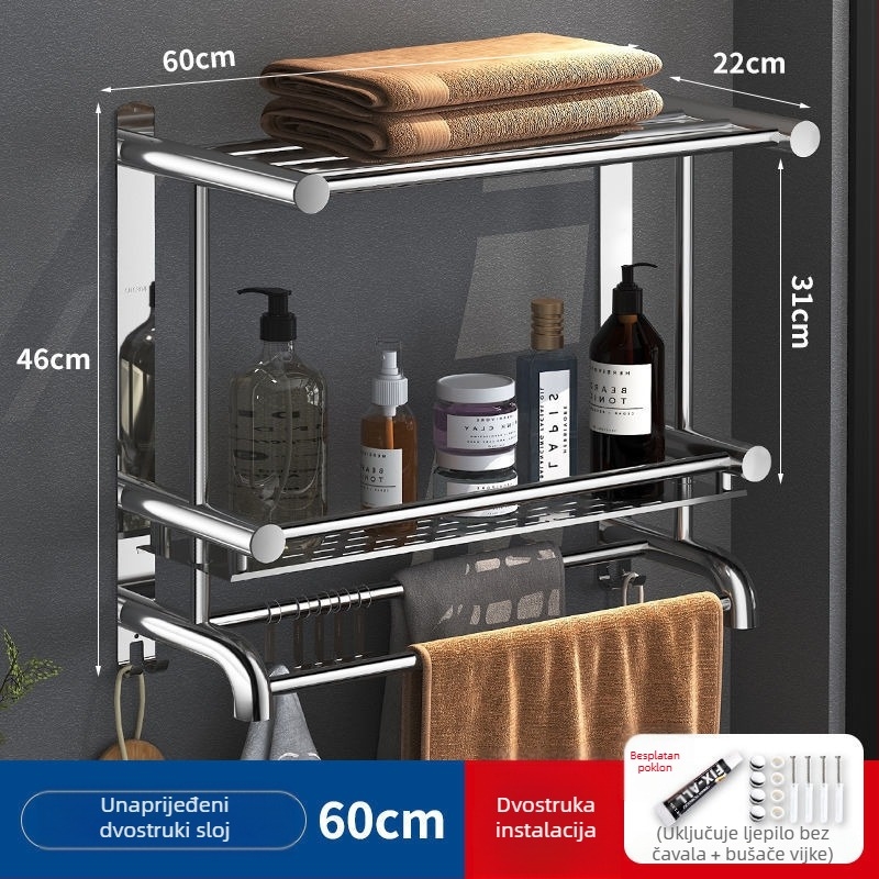 Držač ručnika od 304 nerđajućeg čelika, bez bušenja, 2 sloja, kupaonica, nosivost 60 kg