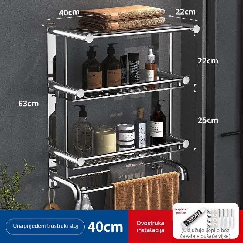 Držač ručnika od 304 nerđajućeg čelika, bez bušenja, 2 sloja, kupaonica, nosivost 60 kg