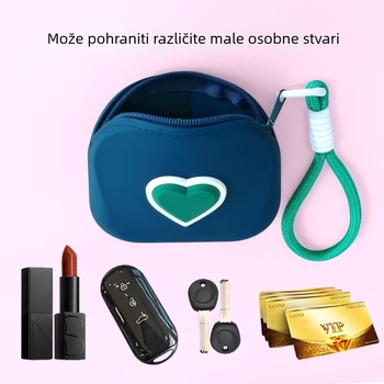 Torba od silikona u obliku srca za Bluetooth slušalice, kartice i novčiće – ulični stil, mekan silikon, zatvaranje rajsferšijem, bez podstavka, unutarnji džep za dokumente