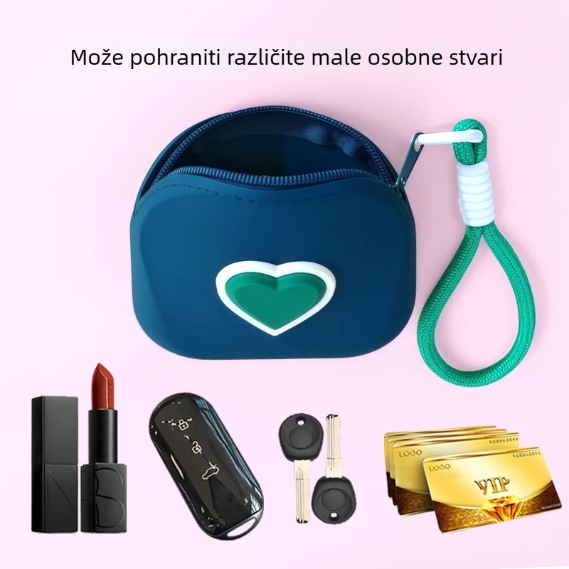 Torba od silikona u obliku srca za Bluetooth slušalice, kartice i novčiće – ulični stil, mekan silikon, zatvaranje rajsferšijem, bez podstavka, unutarnji džep za dokumente