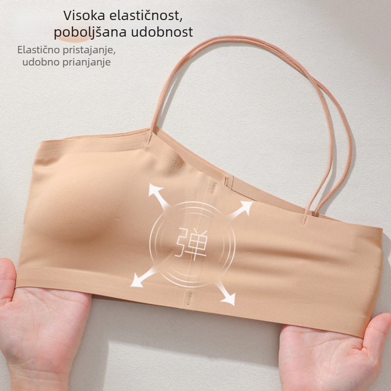 Ženski beznaramenični bandeau grudnjak, nevidljiv bezšavni dizajn, tanke naramenice, Ice Silk tkanina, zaštita od izlaganja.