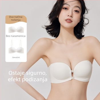 Grudnjak bez naramenica s mekanom podrškom, push-up, protivklizni, prednja kopča, odvojive dvostruke naramenice
