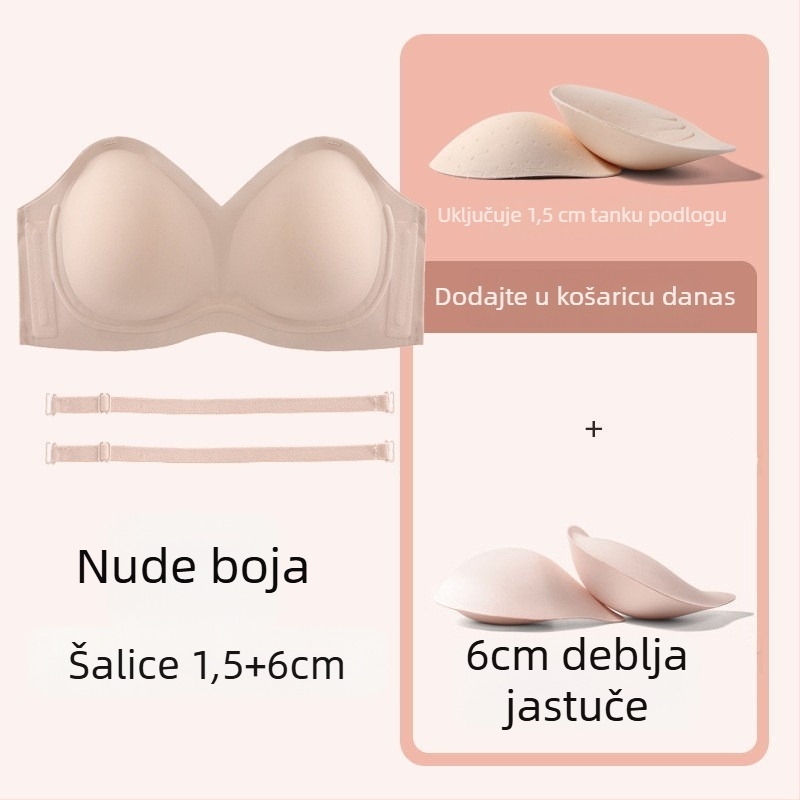 Grudnjak bez naramenica za male grudi, anti-klizanje, push-up, 3/4 košarica, odvojive naramenice, bezšivni najlon