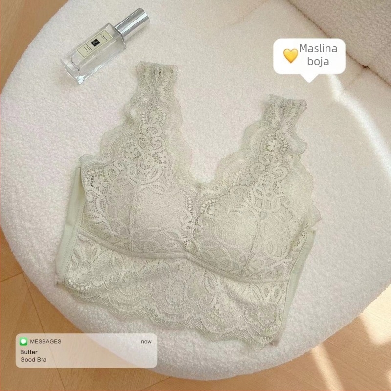 Bežični čipkasti grudnjak s trokutastim košaricama, V-dekolte, francuski stil oblikovanja leđa, push-up