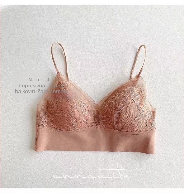 Sutena s mrežastom čipkom, bežični, bez šavova, košarica 3/4, ultra-tanki oblikovani košar, fiksne dvostruke naramenice