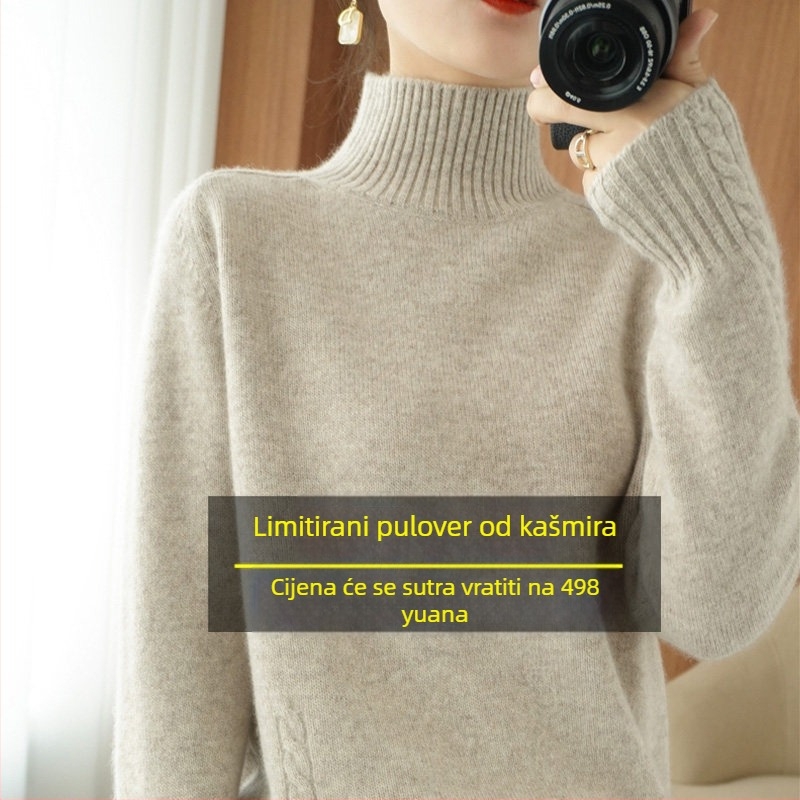 Ženski debeli pleteni pulover s kapuljom, slobodan kroj, dugi rukavi, okrugli izrez, 30–50% pamuk