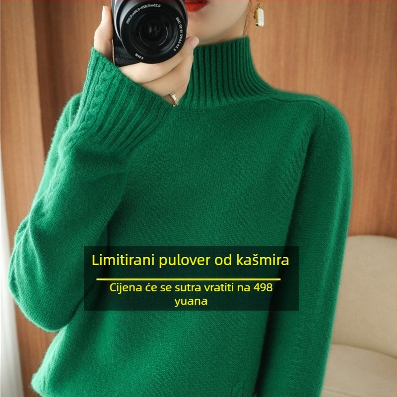 Ženski debeli pleteni pulover s kapuljom, slobodan kroj, dugi rukavi, okrugli izrez, 30–50% pamuk