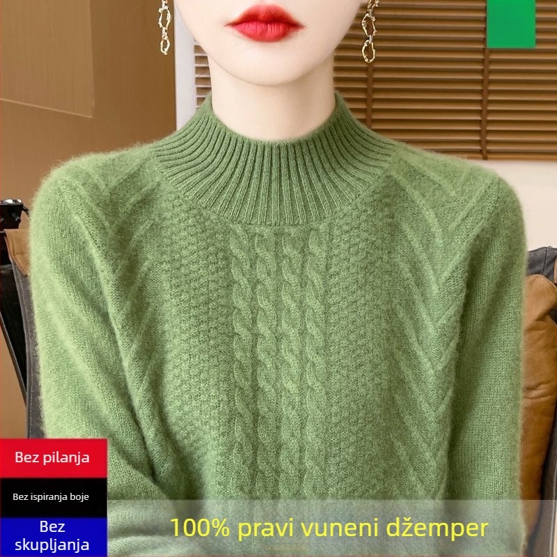 Ženski pleteni džemper — polu-visoki ovratnik, rukav princeze, tkanina od ice silk i poliestera, normalna debljina, džemper, proljeće 2025