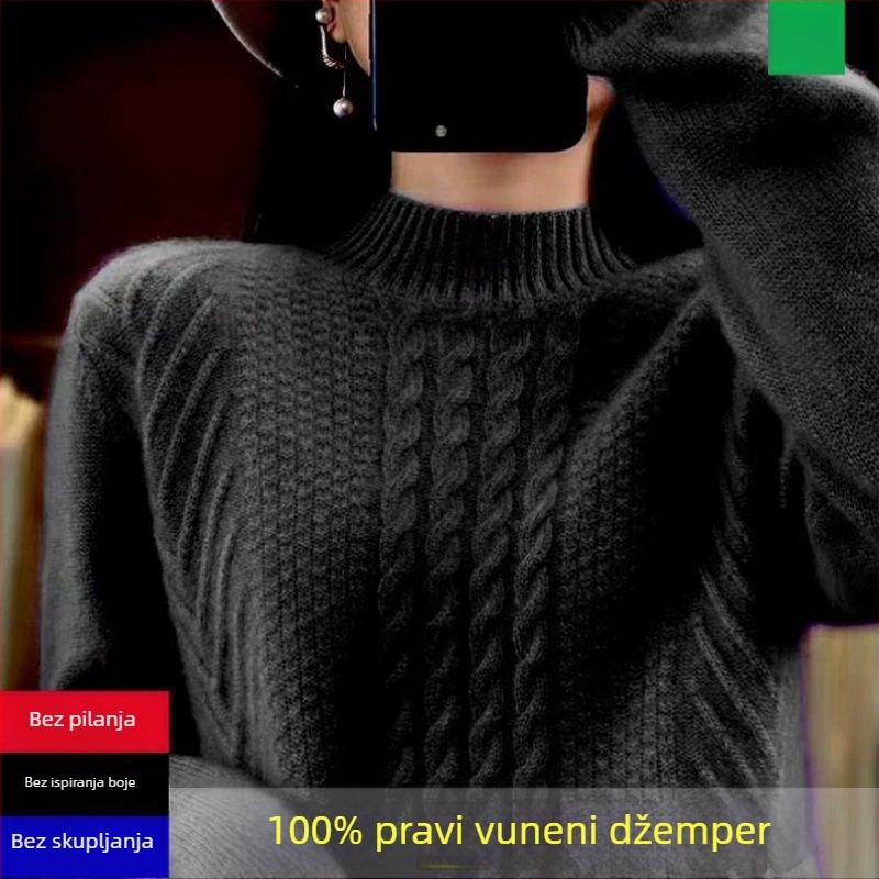 Ženski pleteni džemper — polu-visoki ovratnik, rukav princeze, tkanina od ice silk i poliestera, normalna debljina, džemper, proljeće 2025