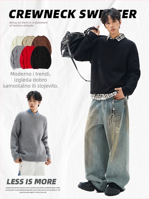 Jianheng unisex jednobojni pleteni džemper s okruglim izrezom, opuštenog kroja, japanski nadahnut stil, za jesen i zimu.