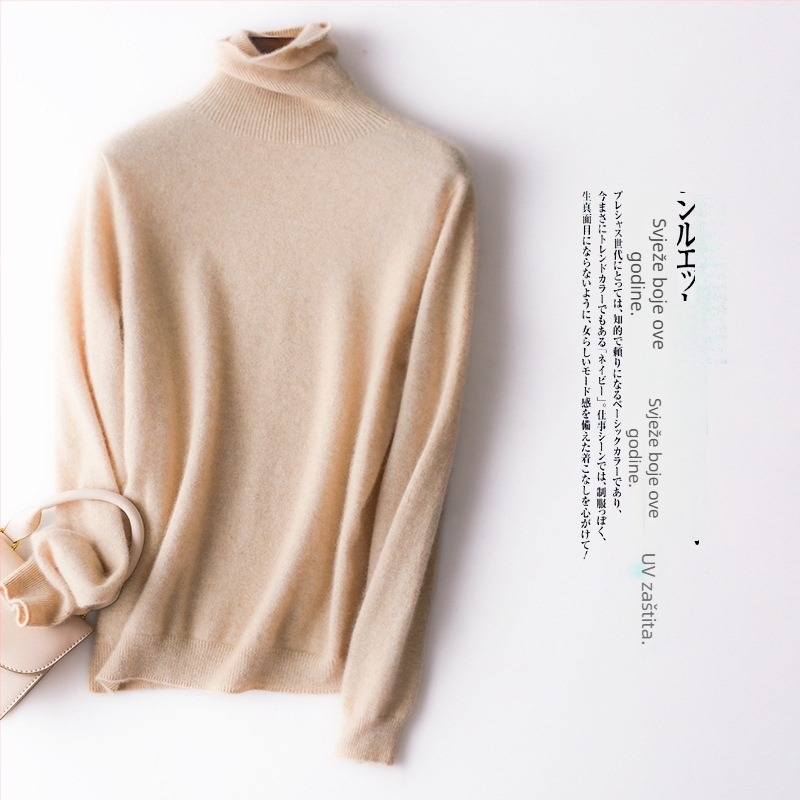 Ženski kašmir pulover bez šavova s visokim ovratnikom, dugi rukavi, duljina 50–65 cm, kašmir >95%