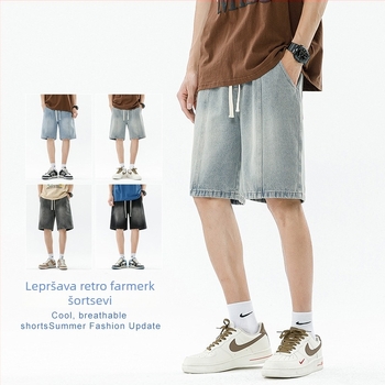 Muške hlače srednje dužine s ravnim krojem, struk se zatvara vezicom, lagana pamuk tkanina, panelni dizajn, ljeto 2025