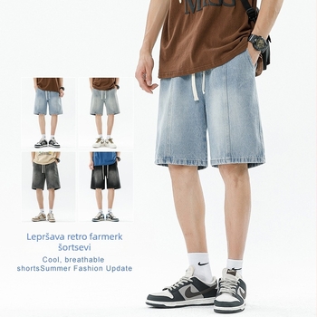 Muške hlače srednje dužine s ravnim krojem, struk se zatvara vezicom, lagana pamuk tkanina, panelni dizajn, ljeto 2025