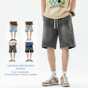 Muške hlače srednje dužine s ravnim krojem, struk se zatvara vezicom, lagana pamuk tkanina, panelni dizajn, ljeto 2025