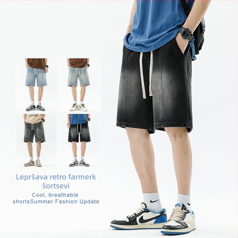 Muške hlače srednje dužine s ravnim krojem, struk se zatvara vezicom, lagana pamuk tkanina, panelni dizajn, ljeto 2025