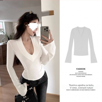 Top s plus veličinom, V-izrez, debeli fleece, dugi rukav, uski kroj, gradski stil za proljeće i zimu