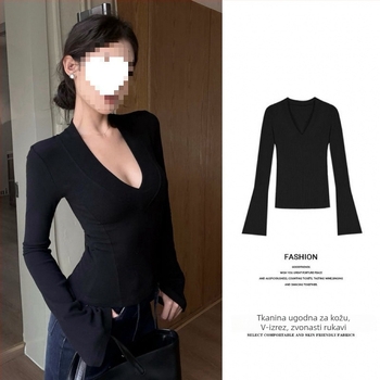 Top s plus veličinom, V-izrez, debeli fleece, dugi rukav, uski kroj, gradski stil za proljeće i zimu