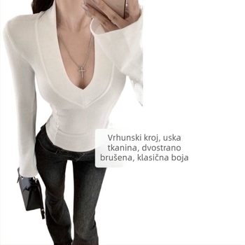 Top s plus veličinom, V-izrez, debeli fleece, dugi rukav, uski kroj, gradski stil za proljeće i zimu