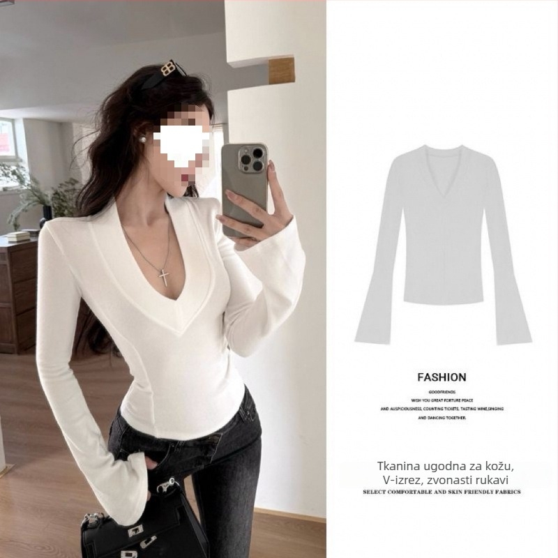 Top s plus veličinom, V-izrez, debeli fleece, dugi rukav, uski kroj, gradski stil za proljeće i zimu