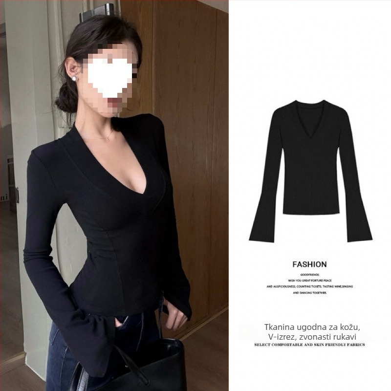 Top s plus veličinom, V-izrez, debeli fleece, dugi rukav, uski kroj, gradski stil za proljeće i zimu
