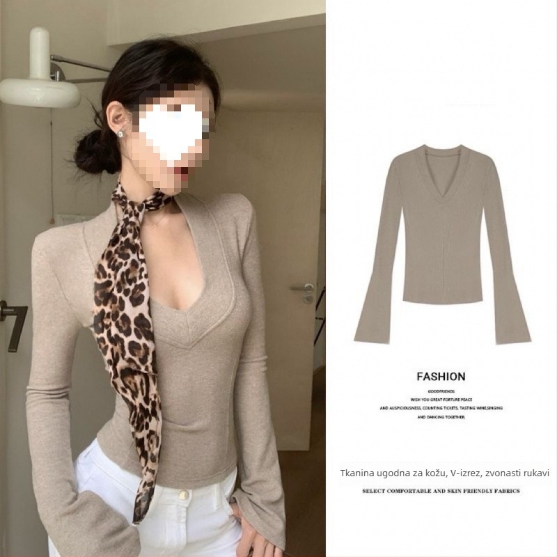 Top s plus veličinom, V-izrez, debeli fleece, dugi rukav, uski kroj, gradski stil za proljeće i zimu