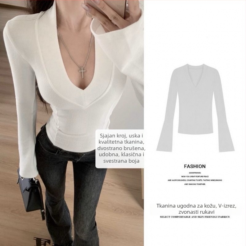 Top s plus veličinom, V-izrez, debeli fleece, dugi rukav, uski kroj, gradski stil za proljeće i zimu