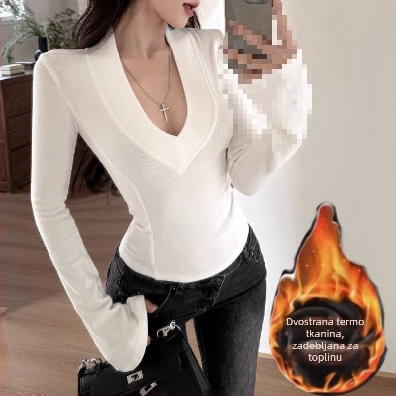 Top s plus veličinom, V-izrez, debeli fleece, dugi rukav, uski kroj, gradski stil za proljeće i zimu