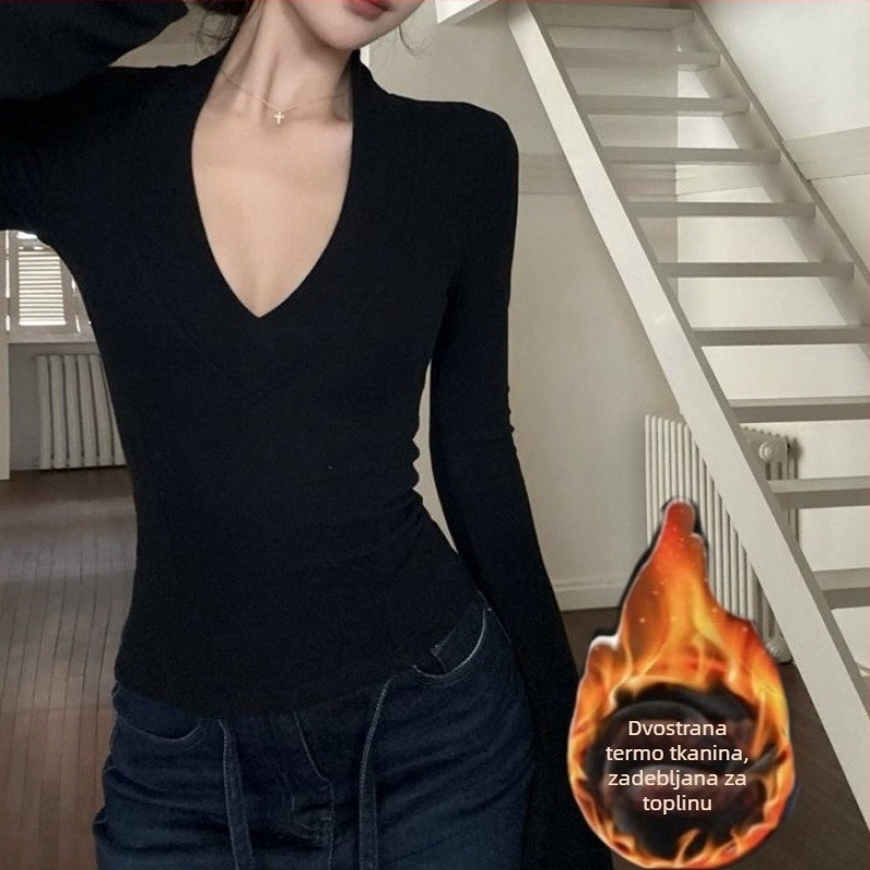Top s plus veličinom, V-izrez, debeli fleece, dugi rukav, uski kroj, gradski stil za proljeće i zimu