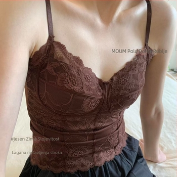Ženski čipkasti top za jesen/zimu, francuski retro stil, s ugrađenim jastučićima, anti-exposure, osnovni sloj topa, PVC tkanina ≤30%