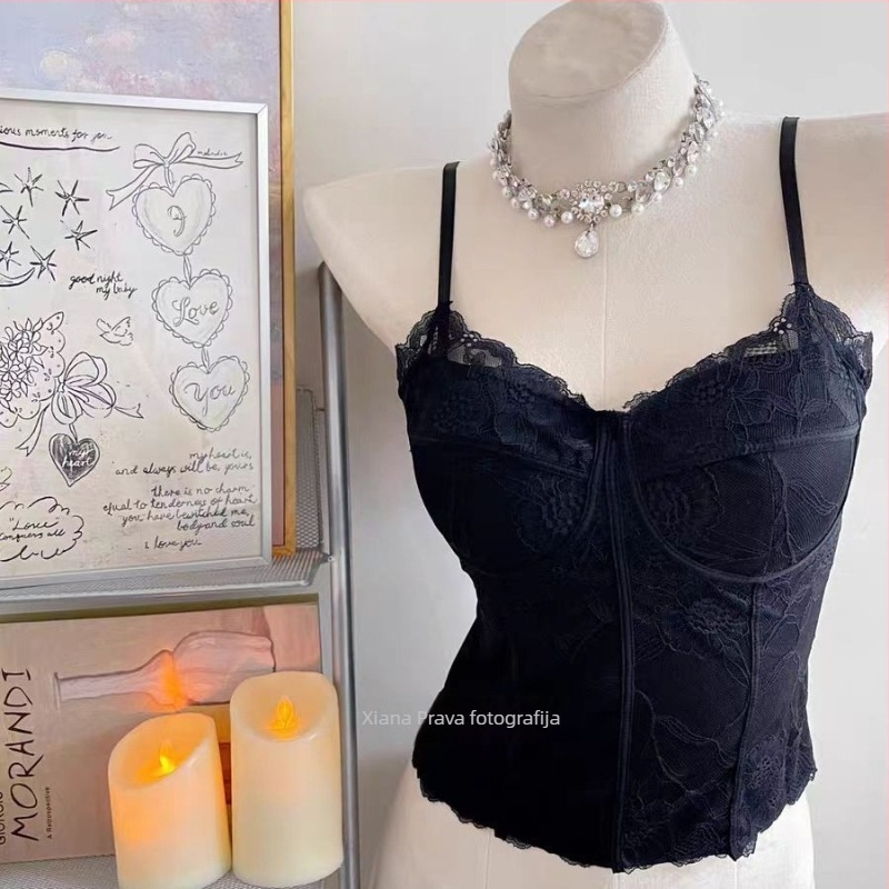 Ženski čipkasti top za jesen/zimu, francuski retro stil, s ugrađenim jastučićima, anti-exposure, osnovni sloj topa, PVC tkanina ≤30%