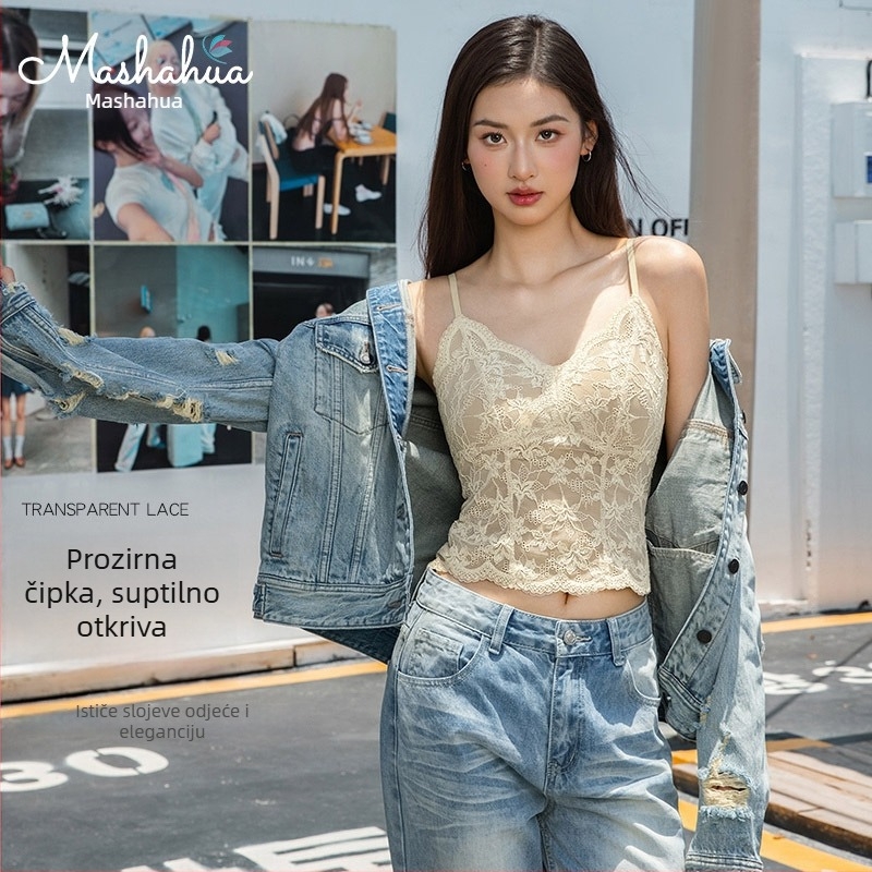 Čipkasta majica s ugrađenim grudnjakom, za nošenje preko odjeće ili slojevito, push-up i podrška leđima, 3/4 šalice