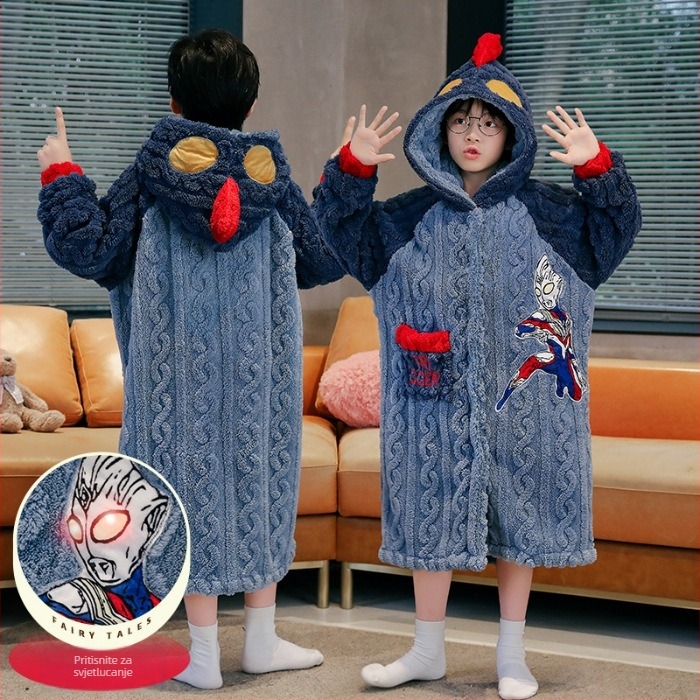 Dječji župan za djevojčice, zimski, od coral velvet materijala, debeli fleece podstava, koreanskog stila, kućna odjeća za djecu, za djevojčice starije od 8 godina