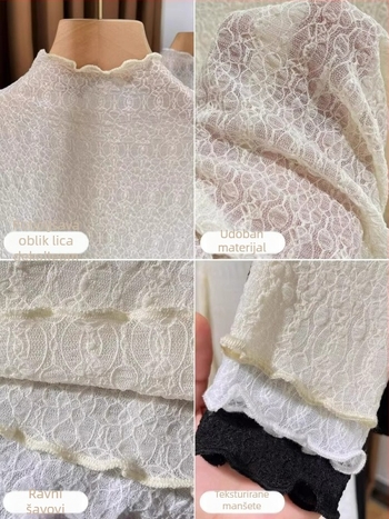 Ženska osnovna majica za jesen/zimu s čipkastim rubom, dugih rukava, slim kroj, polu-visoki ovratnik, tanki prozirni top za slojevito odijevanje, novi model 2025