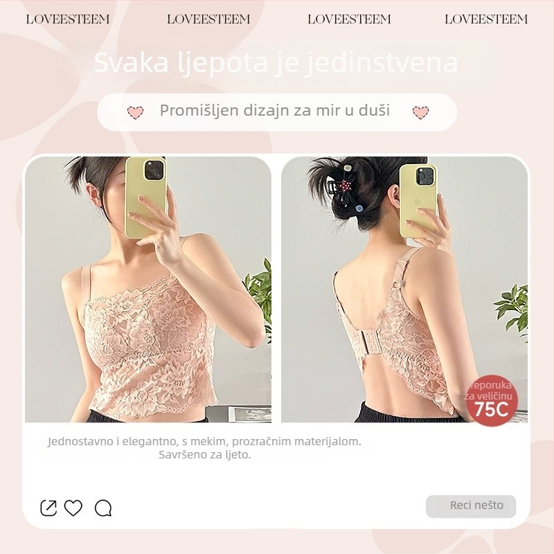 Bez leđa čipkasti bandeau grudnjak za žene - tanak oblik košarice, jastučići za grudi, prozračni najlon