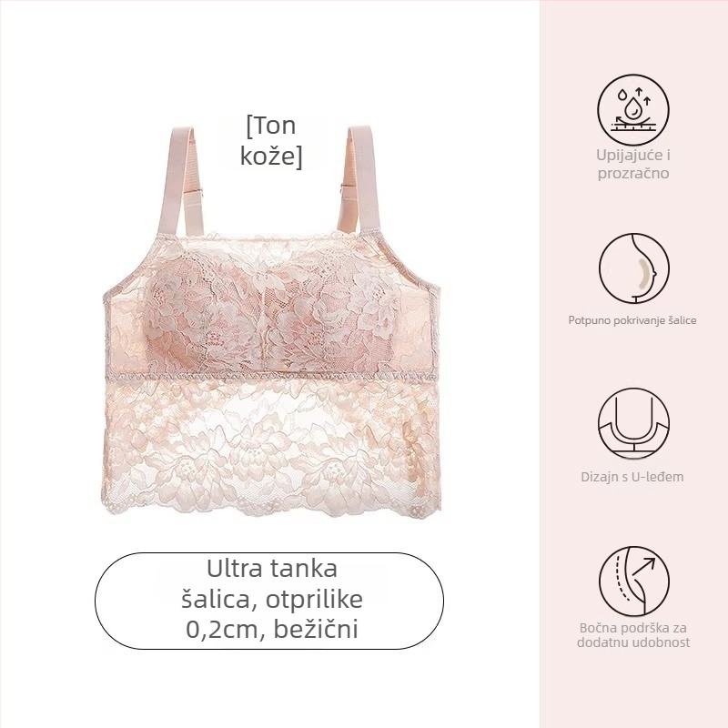 Bez leđa čipkasti bandeau grudnjak za žene - tanak oblik košarice, jastučići za grudi, prozračni najlon