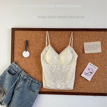 Camisola s umetkom za prsima, prozračna čipka, korejski stil, najlon materijal, trokutaste šalice