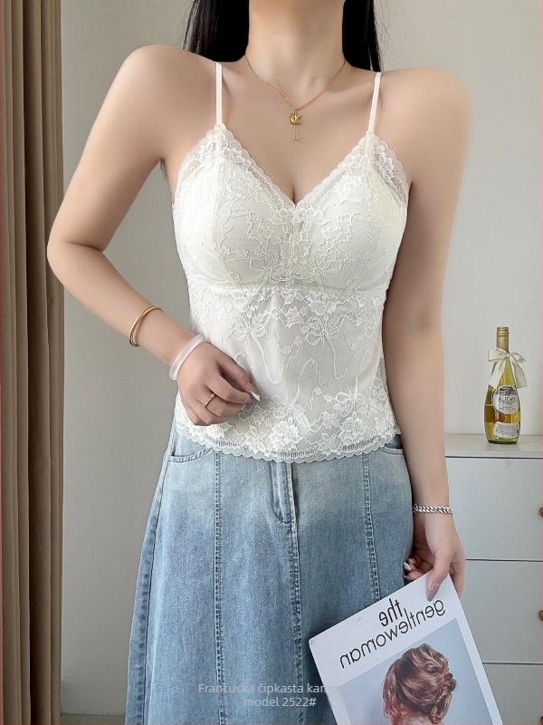 Camisola s umetkom za prsima, prozračna čipka, korejski stil, najlon materijal, trokutaste šalice
