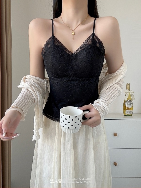 Camisola s umetkom za prsima, prozračna čipka, korejski stil, najlon materijal, trokutaste šalice
