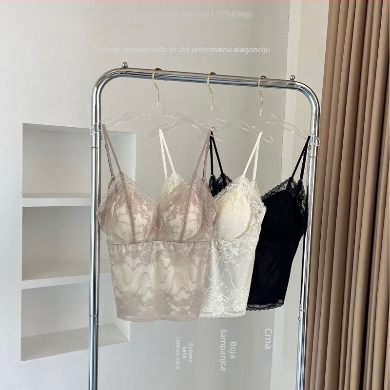 Camisola s umetkom za prsima, prozračna čipka, korejski stil, najlon materijal, trokutaste šalice