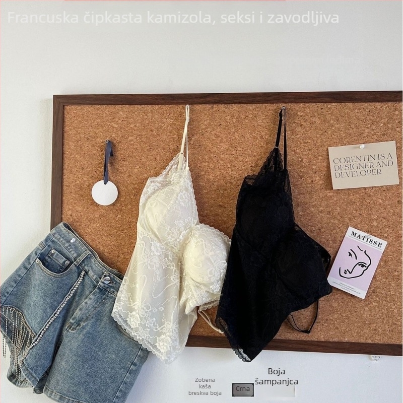 Camisola s umetkom za prsima, prozračna čipka, korejski stil, najlon materijal, trokutaste šalice