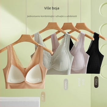 Bešivni bralet s čipkom i V-dekolteom, led-svilk tkanina, fiksne dvostruke naramenice, puna šalica s ultra-tankim kalupom od pjene