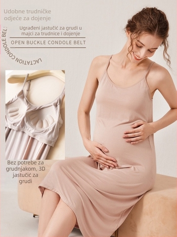 Materninska duga haljina bez rukava s okruglim izrezom i ugrađenim umetkom za prsa, viskoza (90–95%), jednobojna, princes stil