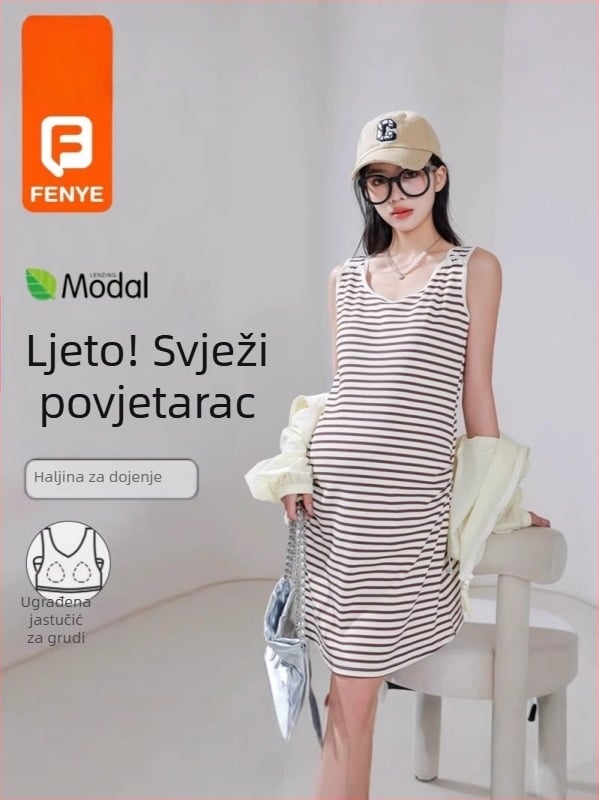 Majčinska i dojiljna ljetna haljina, okrugli izrez, bez rukava, duga suknja, materijal: regenerirana celulozna vlakna (70–80%) s najlonom u smjesi