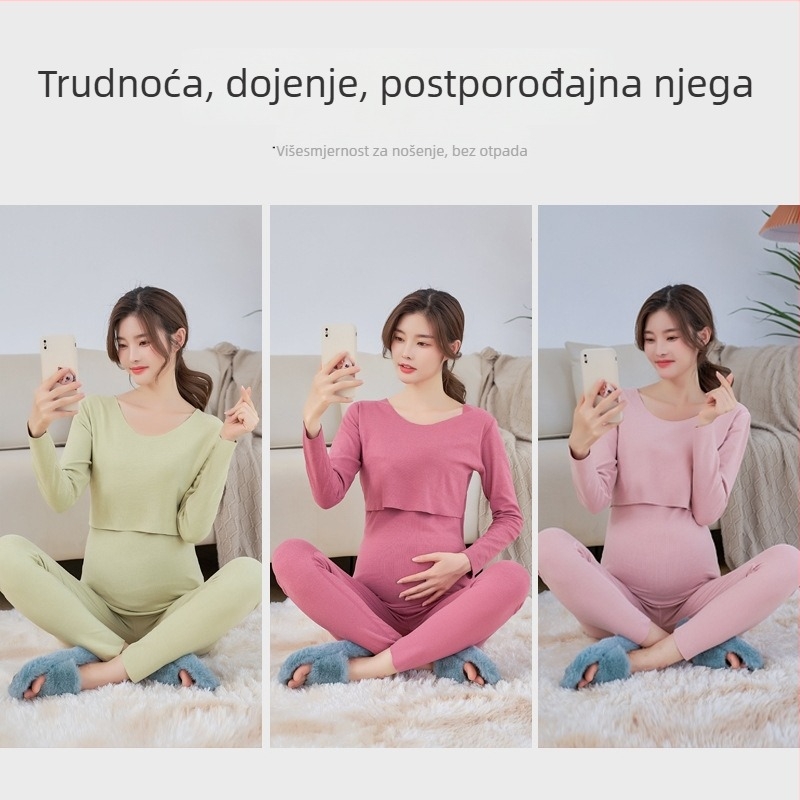 Maternitetski set za dojenje: top i hlače, dugi rukav, otvor za dojenje, pleteni materijal od poliestera i elastana