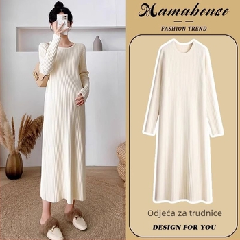 Trudnička haljina za jesen-zimu, Chenille pletena tkanina s elastanom, okrugli izrez, dugi rukavi, srednje duljine silueta sirene