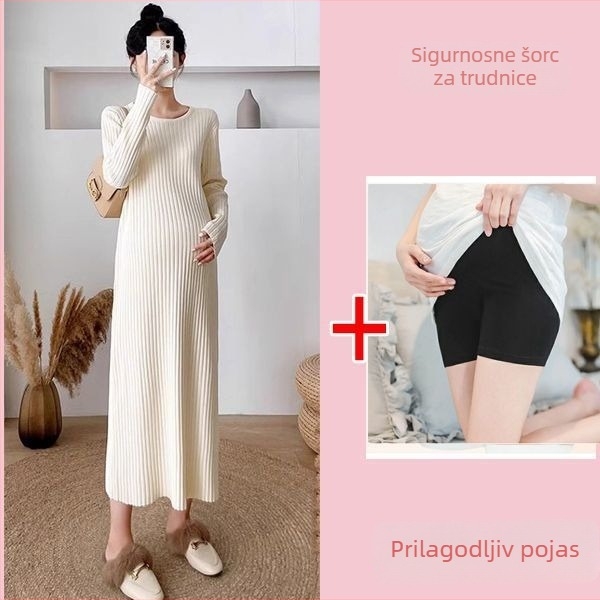 Trudnička haljina za jesen-zimu, Chenille pletena tkanina s elastanom, okrugli izrez, dugi rukavi, srednje duljine silueta sirene