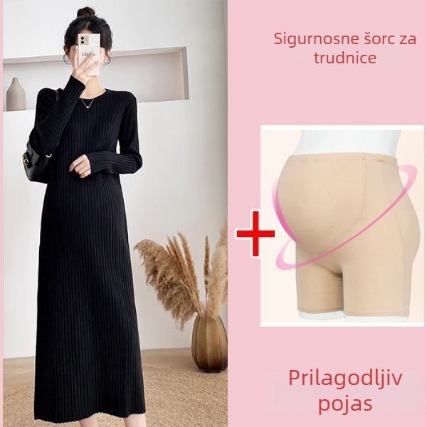 Trudnička haljina za jesen-zimu, Chenille pletena tkanina s elastanom, okrugli izrez, dugi rukavi, srednje duljine silueta sirene