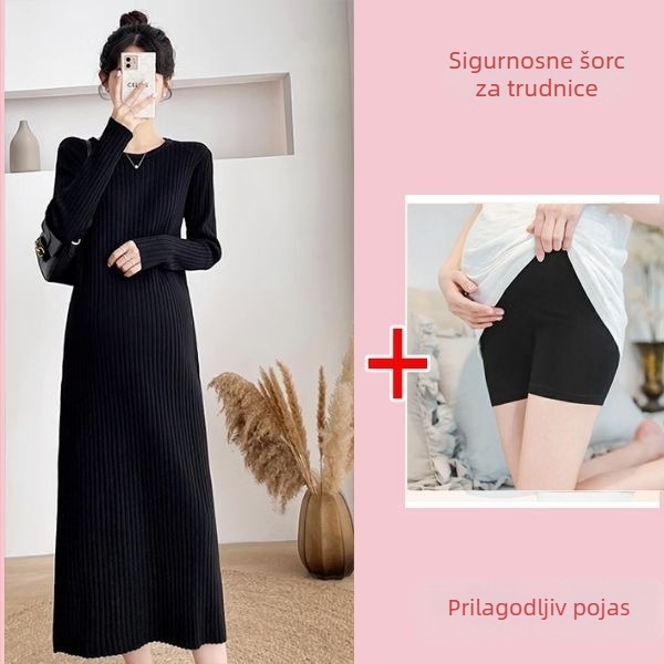 Trudnička haljina za jesen-zimu, Chenille pletena tkanina s elastanom, okrugli izrez, dugi rukavi, srednje duljine silueta sirene