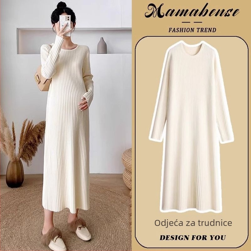 Trudnička haljina za jesen-zimu, Chenille pletena tkanina s elastanom, okrugli izrez, dugi rukavi, srednje duljine silueta sirene